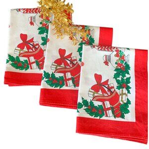 3 Tea Towels Christmas Themed Cotton Red & White